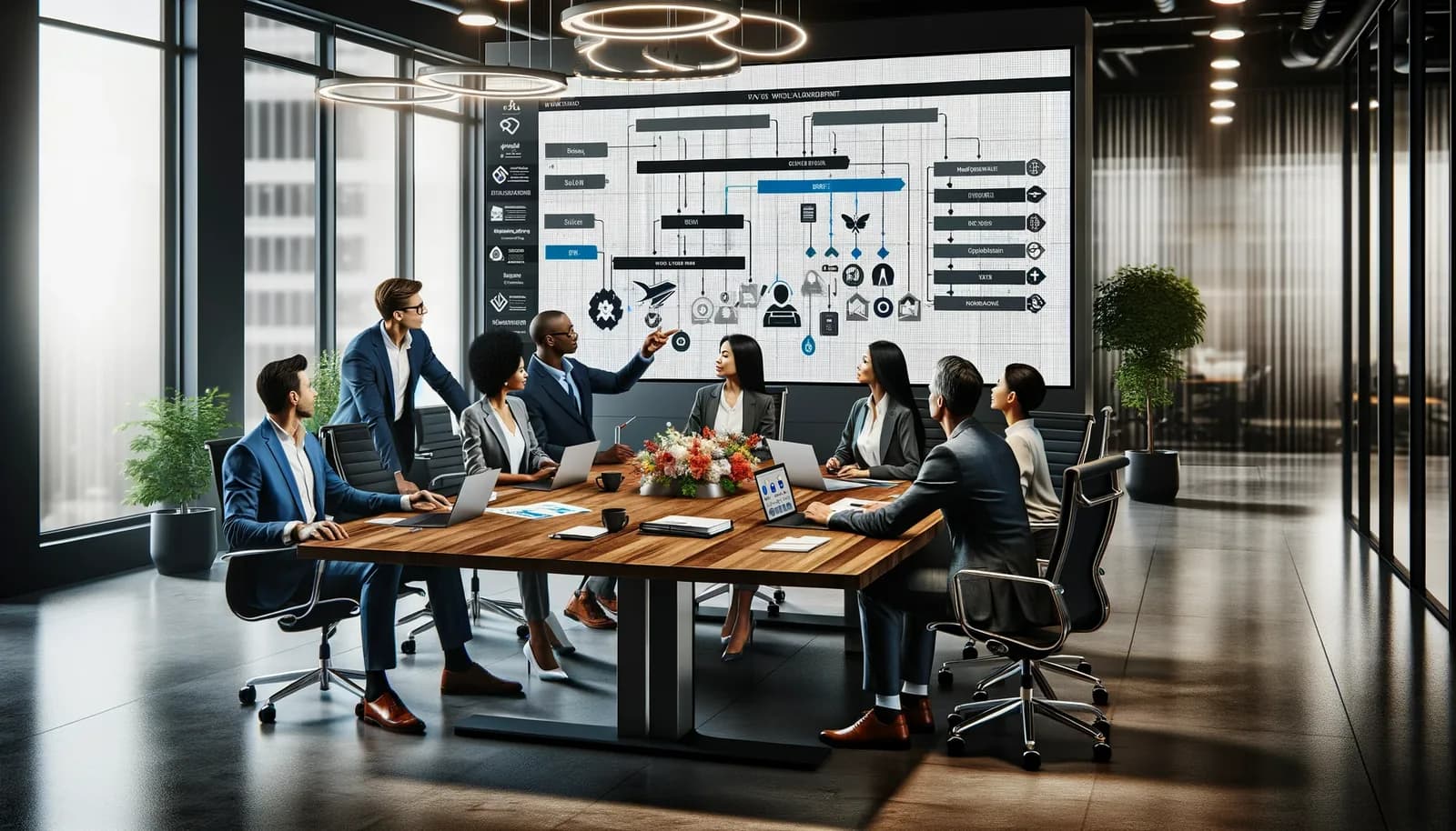 Business team discussing workflow management strategies in modern conference room